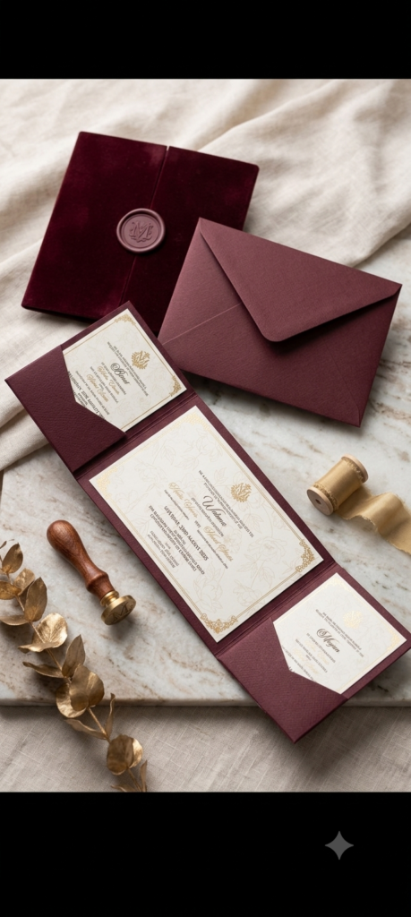 maroon velvet wedding card