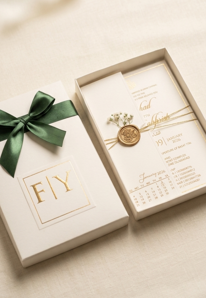 Box Wedding Cards with Green Ribbon